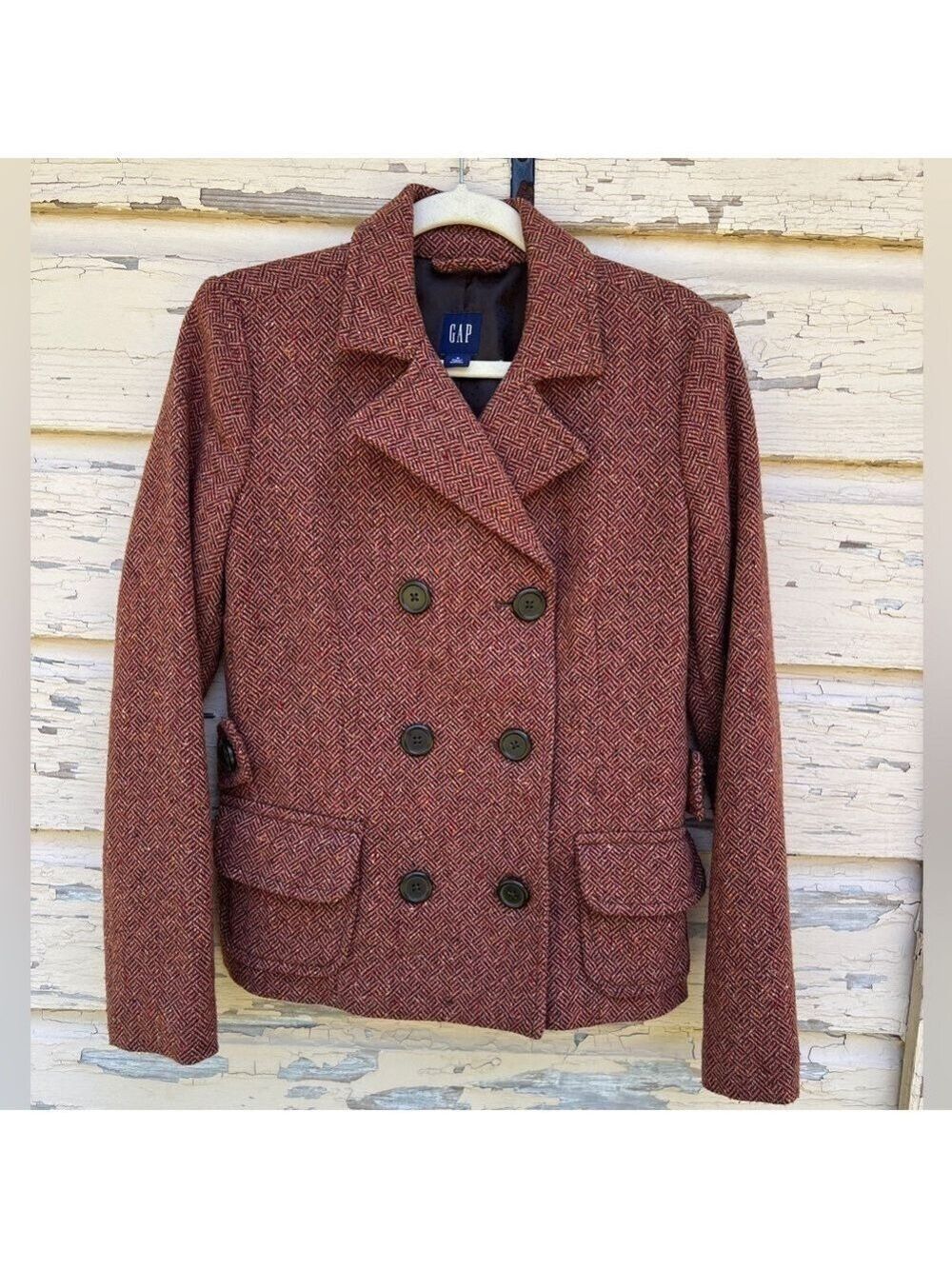 Vintage Gap Y2K Wool Tweed Double Breasted Career Office Jacket Blazer Pea Coat